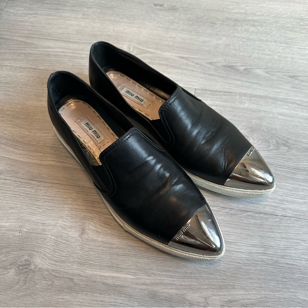 Miu Miu Metal Cap Toe Leather Slip On Sneakers